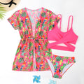 Girls' floral split overclothes bikini swimsuit set in polyester fabric