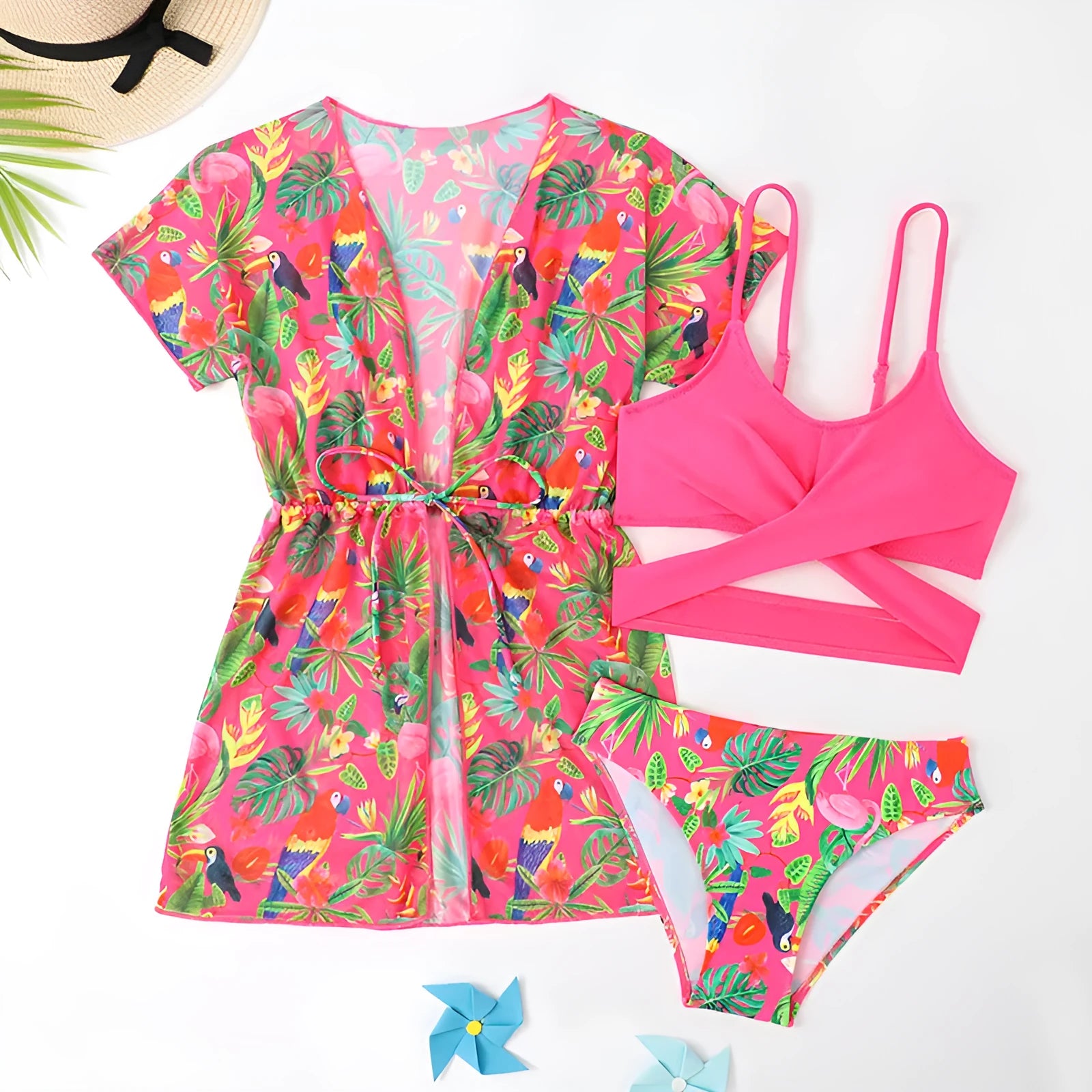 Girls' floral split overclothes bikini swimsuit set in polyester fabric