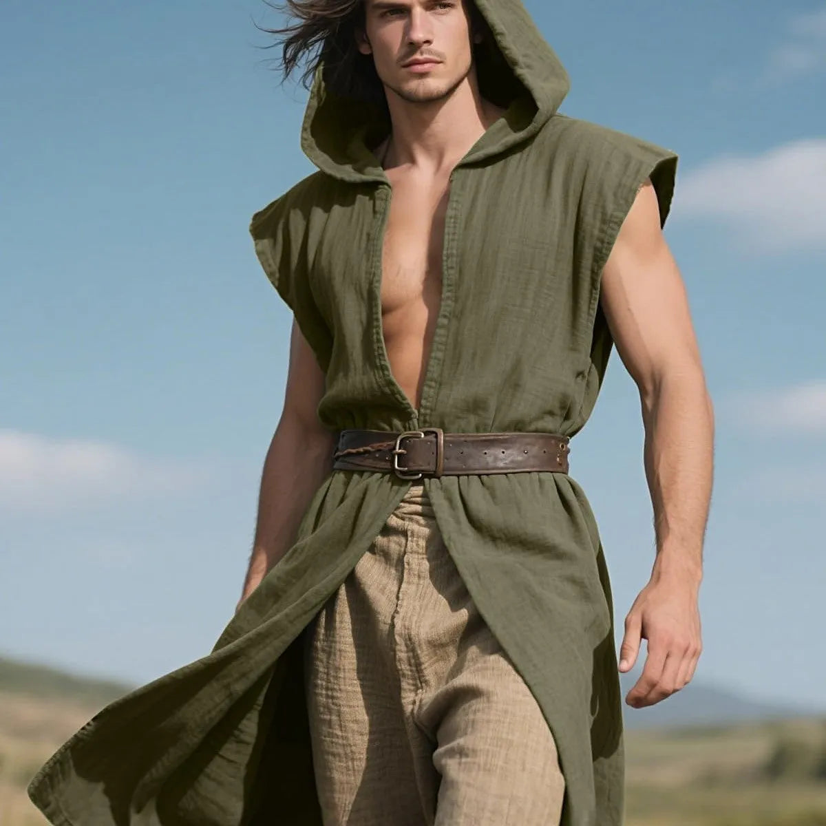 Renaissance short cloak for men in cotton, available in army green, brick red, gray, yellow, sizes S to 3XL