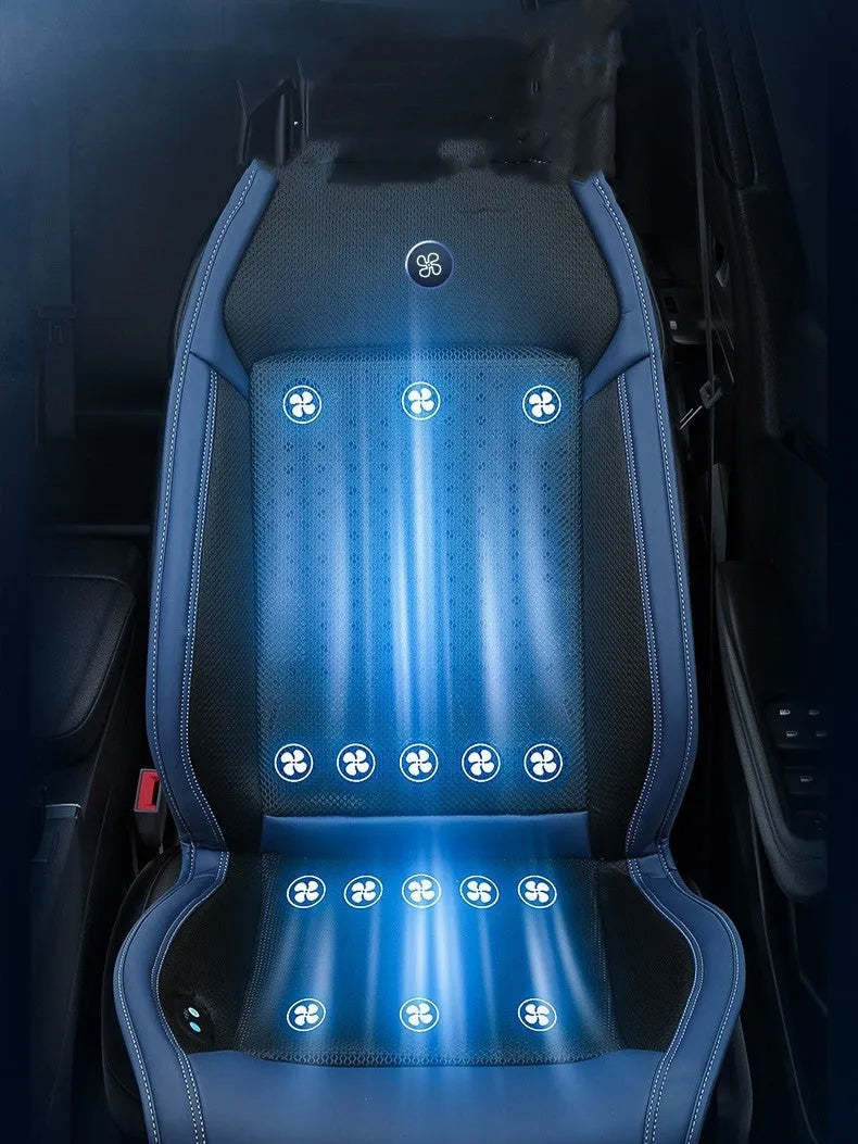 Black car seat cooling pad with USB cable connected for refrigeration and massage functions