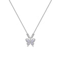 Women's silver butterfly necklace on a cross chain, showing adjustable length.