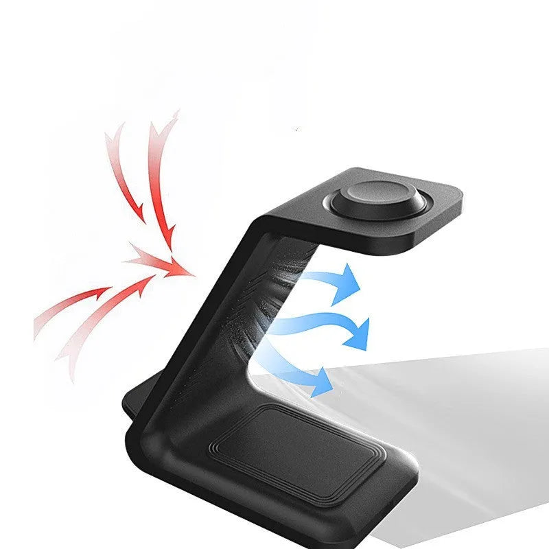 Black and white 3-in-1 upright wireless charger and phone holder on a desk with Type-C cable.