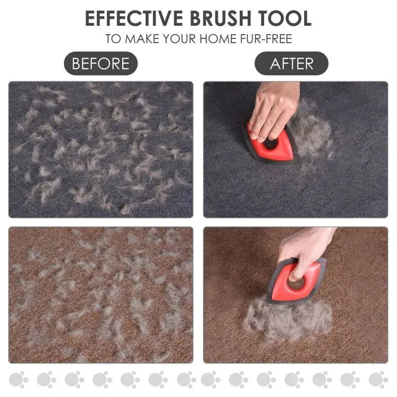 Silicone pet hair remover brush in red colour on a fabric sofa.