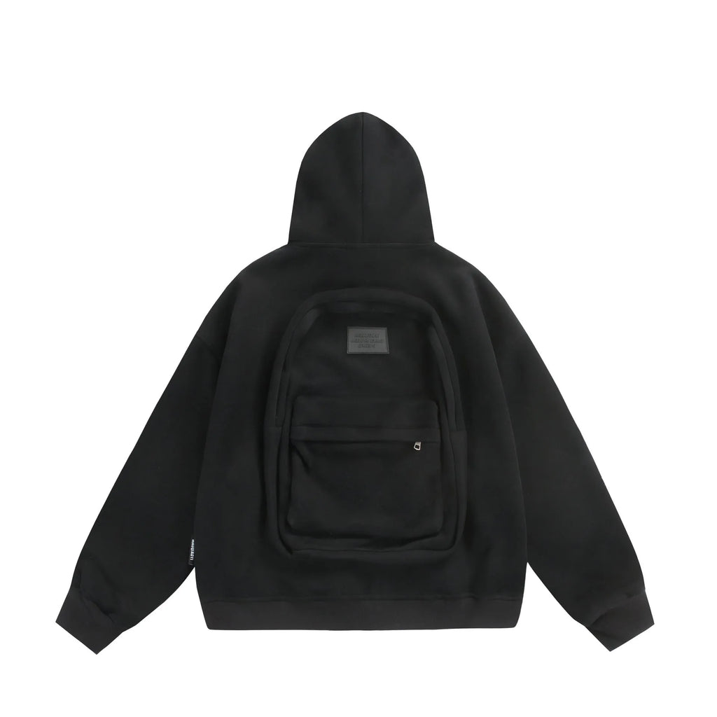 Solid colour loose fit cardigan coat with a back bag detail, shown in black.