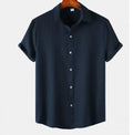 Casual short-sleeved men's cardigan-style shirt in polyester, shown in available colours.