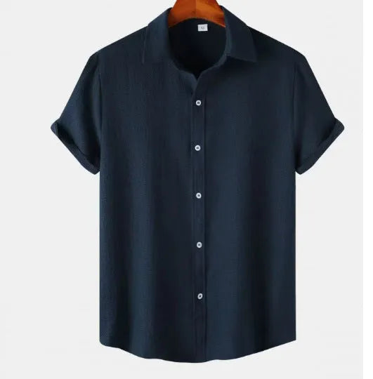 Casual short-sleeved men's cardigan-style shirt in polyester, shown in available colours.