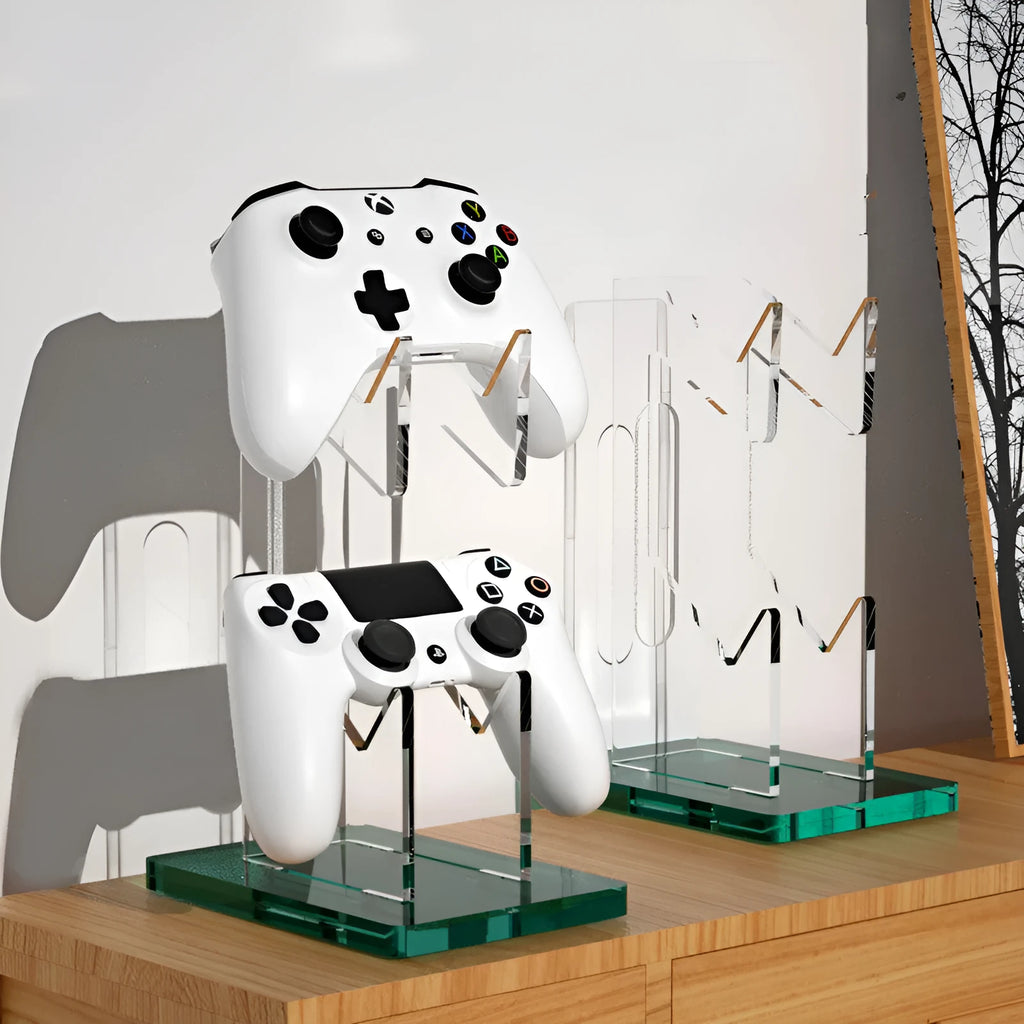 Universal controller hanger display rack in black double layer on a desktop