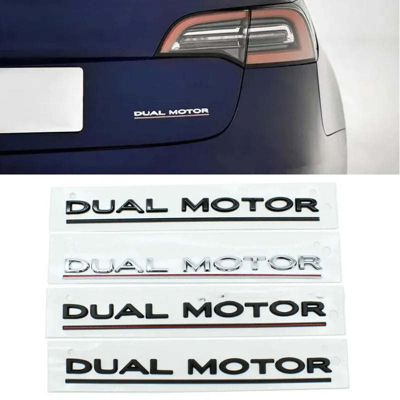 Tesla Model 3 double motor performance bumper sticker in ABS plastic, showing colour options.