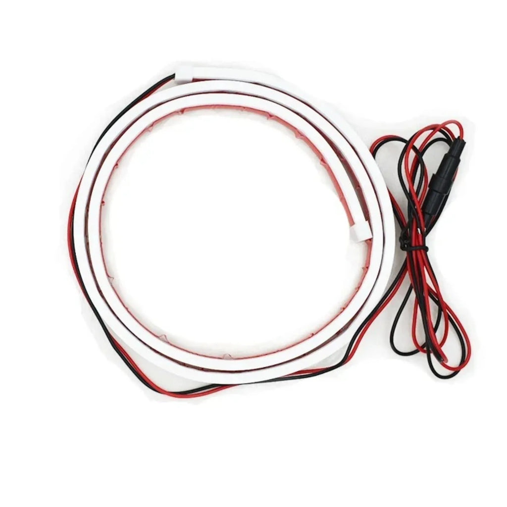 Car interior LED strip light with scanning effect in ice blue colour, showing flexible silicone construction
