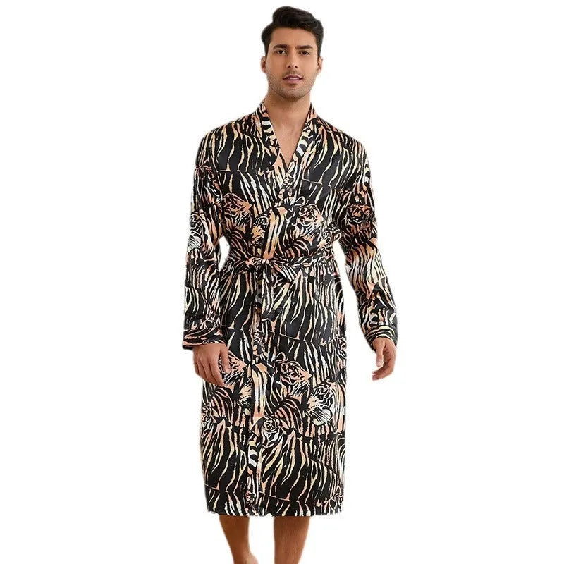 Men's tiger pattern bathrobe set with ultra-thin rayon fabric and shorts