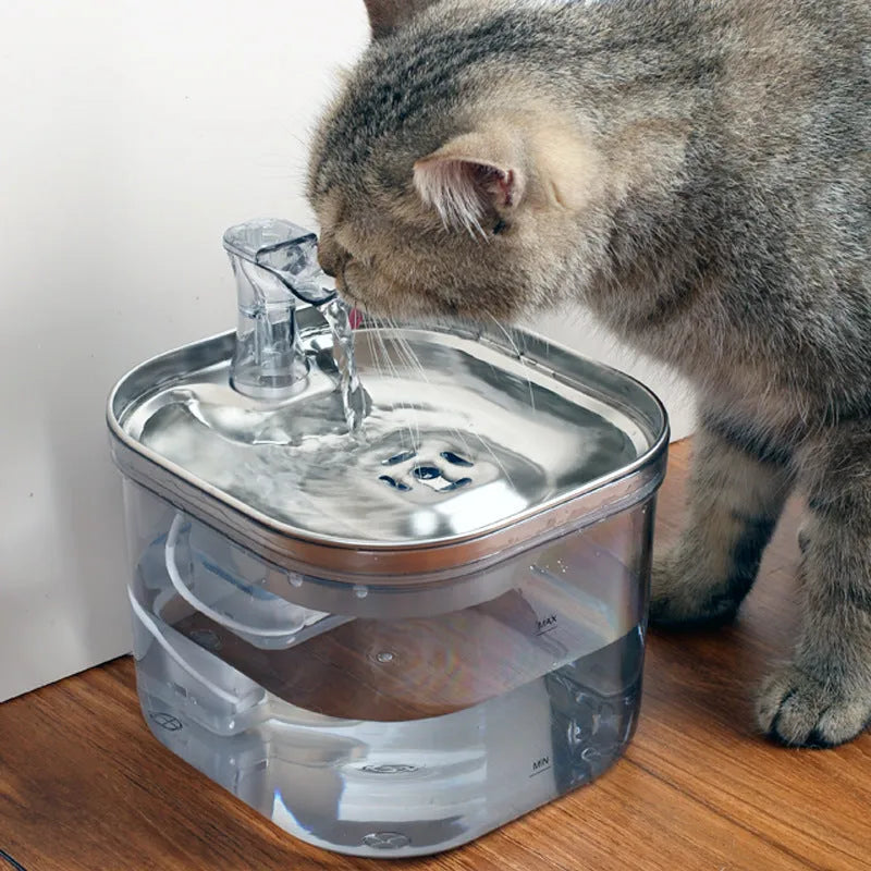 Stainless steel automatic cat dog water fountain with 2L capacity and ultra-quiet pump on white background