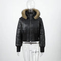 Women's detachable sleeves hooded fur collar waist-cinching short polyester coat in black, front view