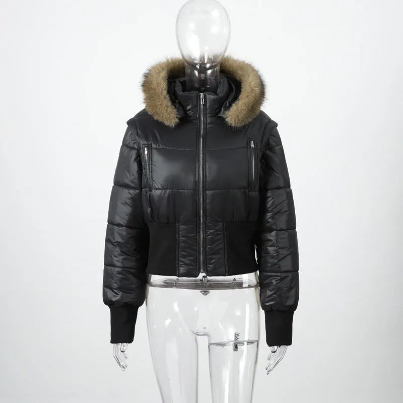 Women's detachable sleeves hooded fur collar waist-cinching short polyester coat in black, front view