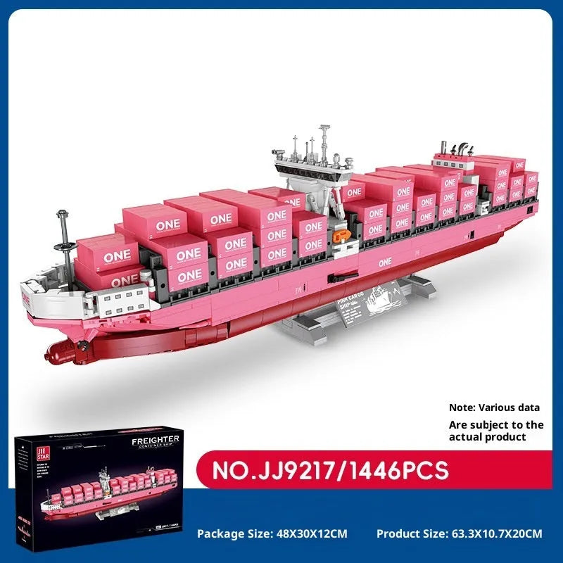 Freighter container ship building blocks in pink colour for teenager assembly