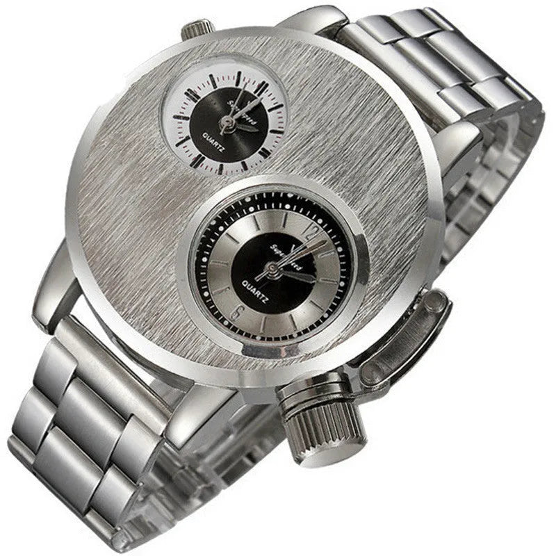 Large plate double-movement men watch with 40.5mm dial, spiral crown, and steel strap on a neutral background