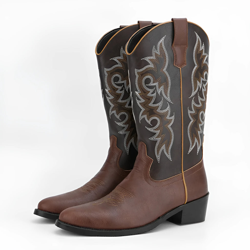 Men's embroidered retro high leg boot in artificial PU, pointed toe, brown colour, side view