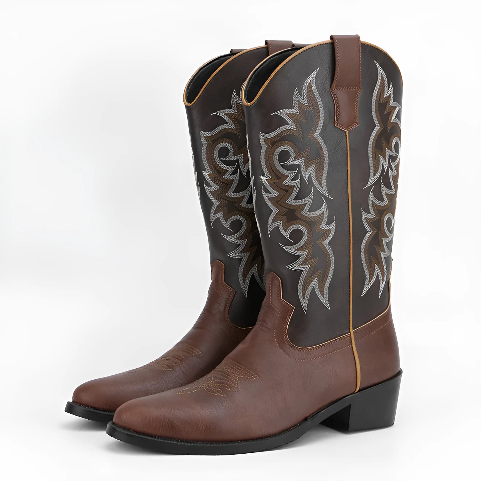 Men's embroidered retro high leg boot in artificial PU, pointed toe, brown colour, side view