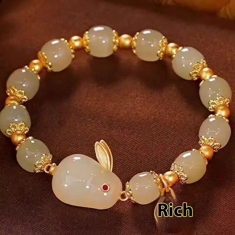 Green electroplated Jade Hare bracelet with Chinese Zodiac animal design for women.