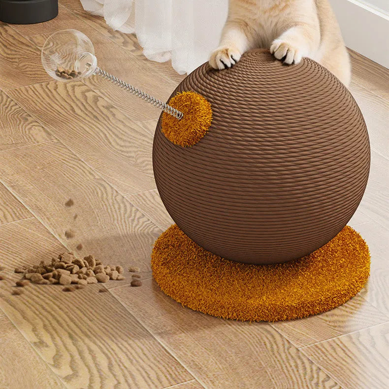 Natural hemp rope cat scratch board with attached toy ball on a wooden floor.