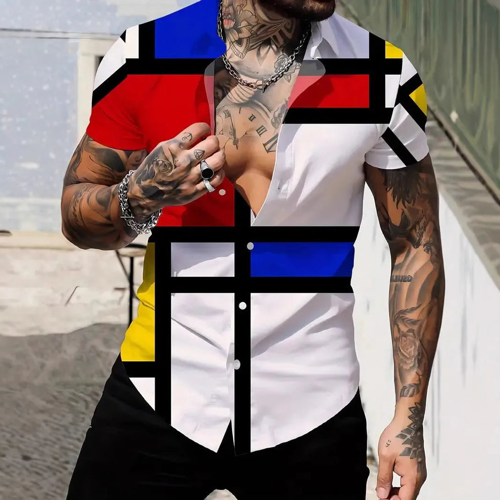Men's geometric pattern short sleeve shirt with lapel collar on a slim fit model.