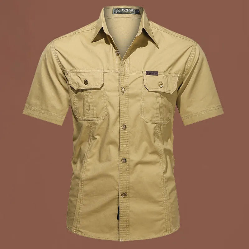 Men's army green cotton short sleeve work shirt with a loose cardigan fit on a hanger