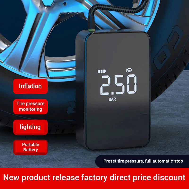 Compact wireless digital display tyre inflator pump with hose and nozzles.
