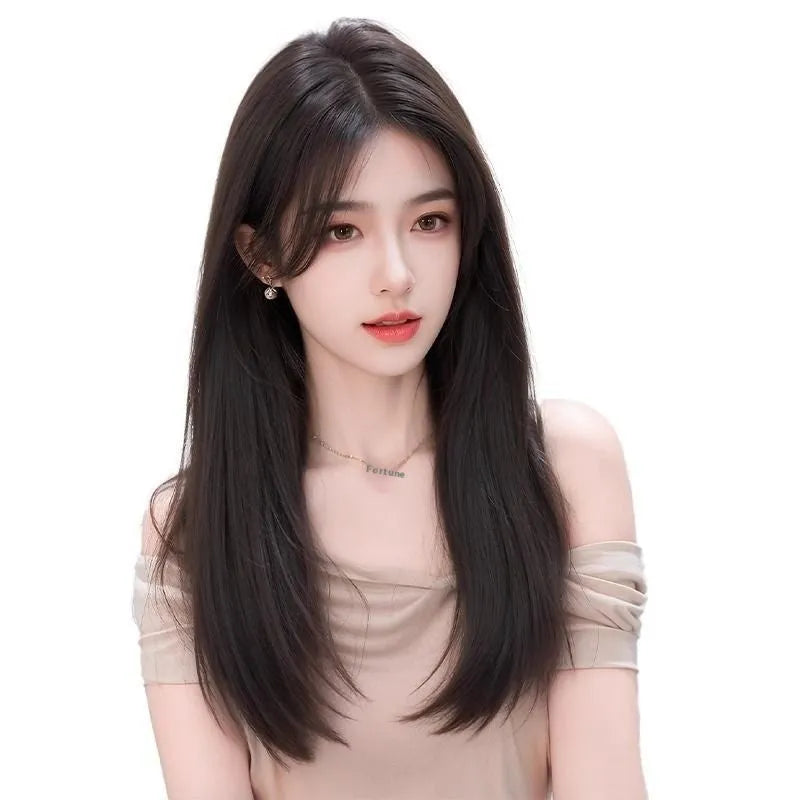 Brown-black full-head wig for women with Chinese character bangs made from high-temperature fibre.