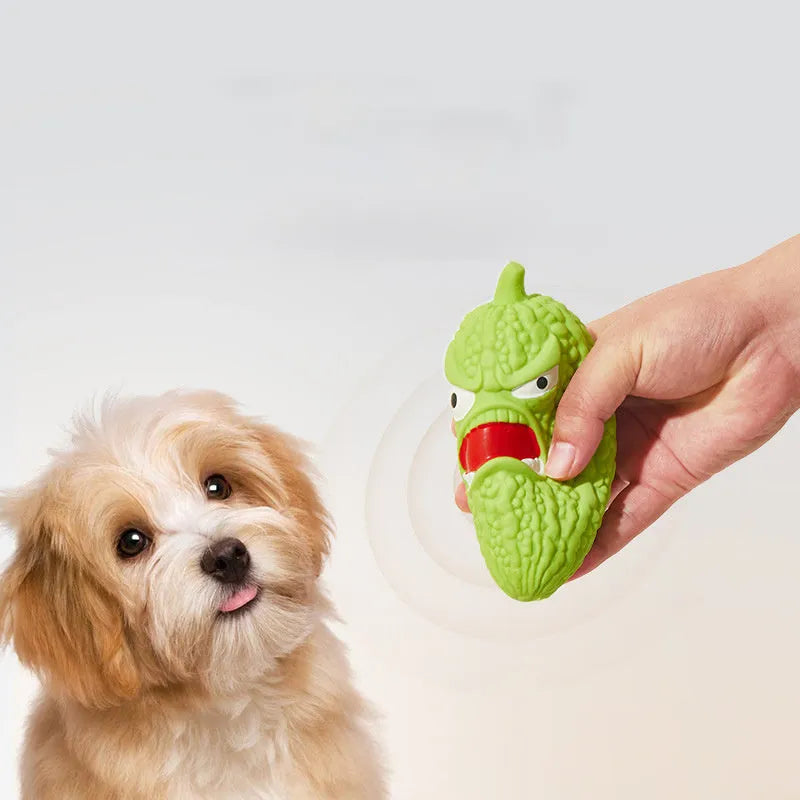 Bitter melon and chili shaped dog toys with textured surfaces for teeth cleaning and built-in sound function
