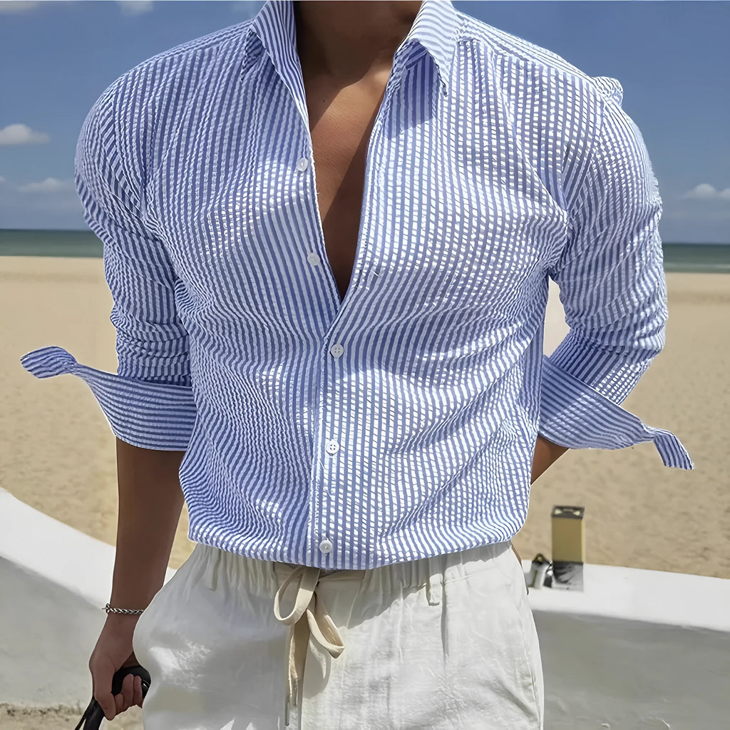 Striped long sleeve shirt with cardigan lapel collar in various colour options