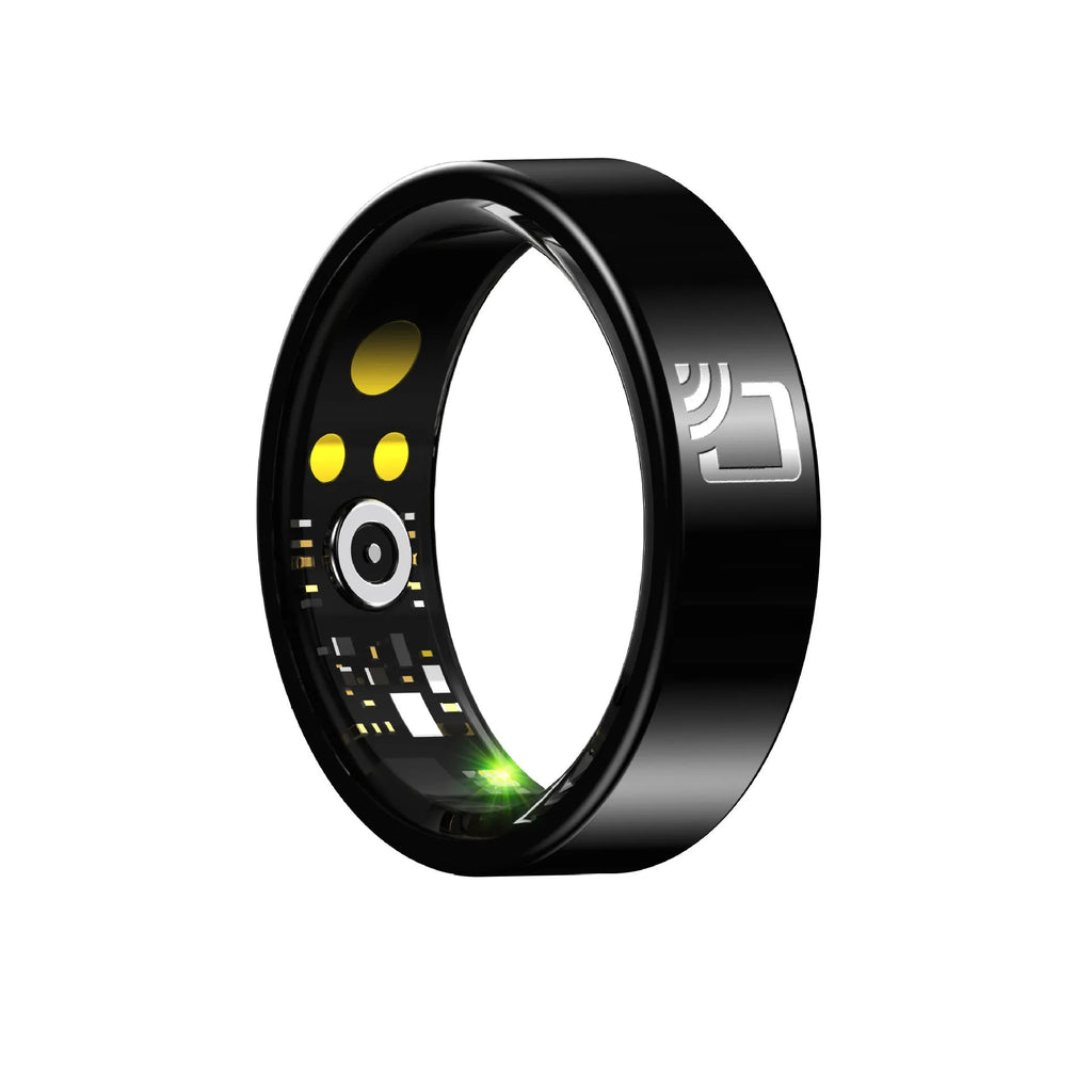 Black ceramic smart ring for health monitoring with heart rate, blood oxygen, and sleep tracking