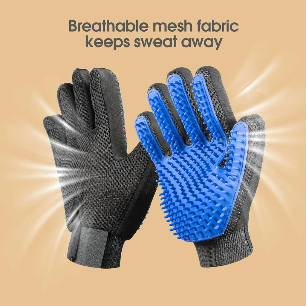 Blue pet grooming glove with silicone tips for shedding removal and gentle massage.
