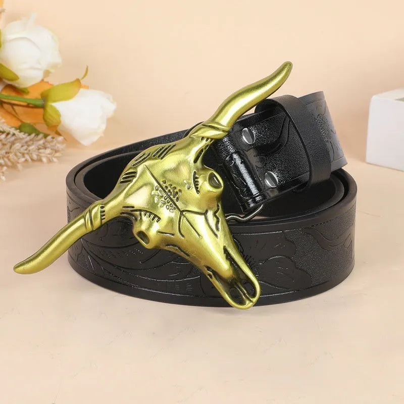 Men's brown imitation leather belt with a detailed silver alloy cow head buckle and pin fastener.