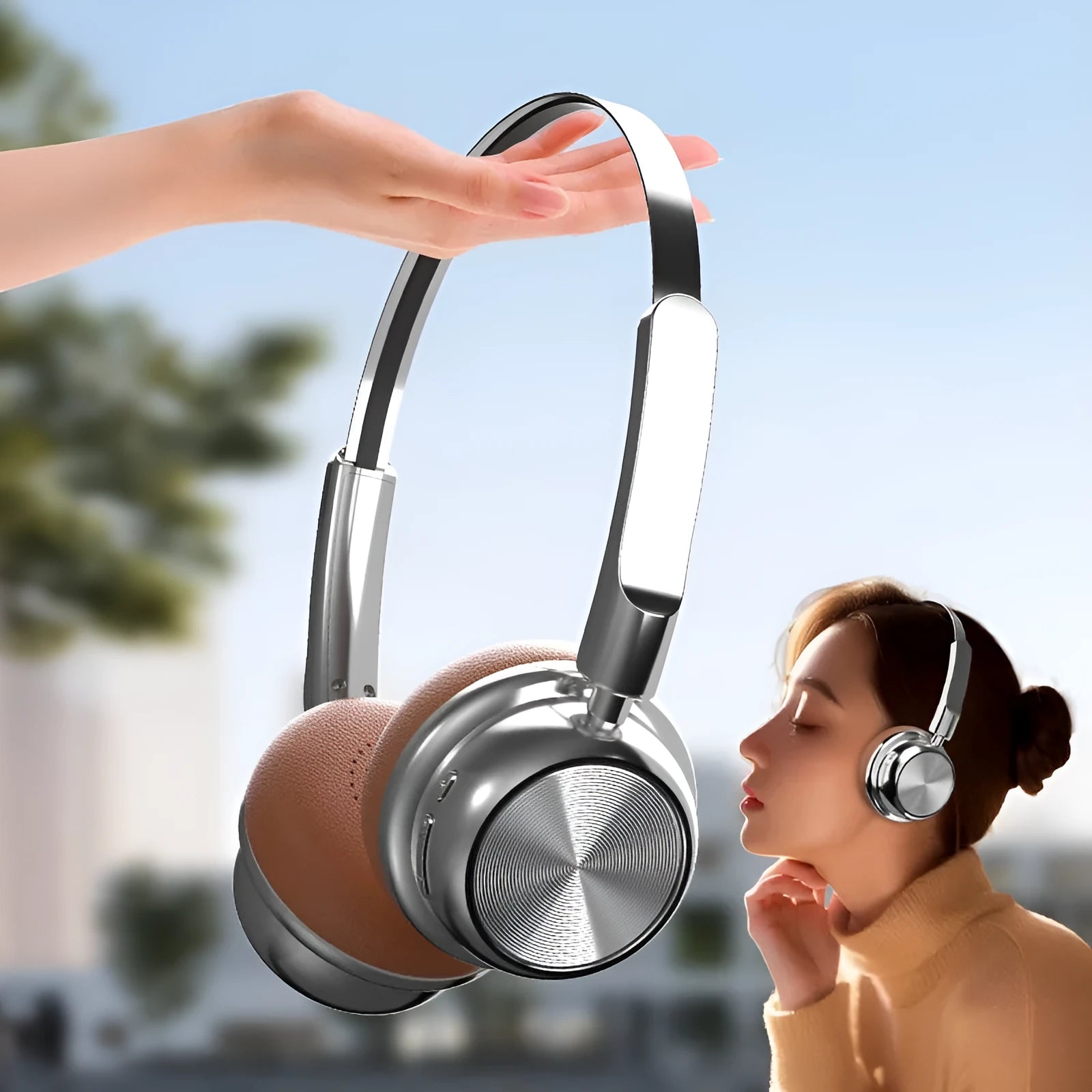 Retro metal Bluetooth headset in Silver Brown with over-ear design and 10-metre range