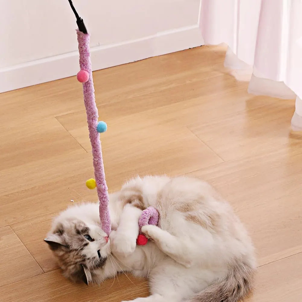 41cm cat wand toy with 60cm plush strip, colourful fluffy ball and bell for interactive play