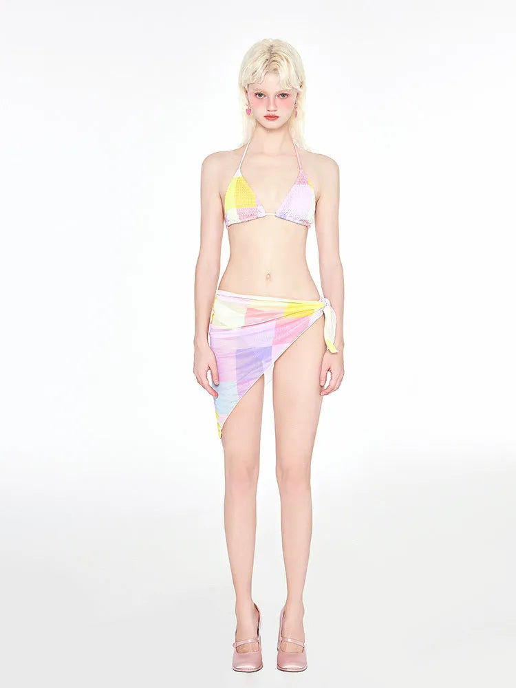 Rainbow pink triangle bikini swimsuit three-piece set on mannequin showing wireless cups and Asian sizing