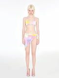 Rainbow pink triangle bikini swimsuit three-piece set on mannequin showing wireless cups and Asian sizing