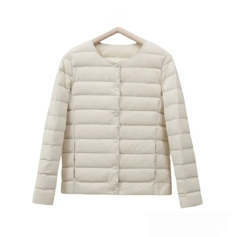 Women's lightweight cotton-padded jacket loose fit solid colour long sleeve autumn winter beige polyester