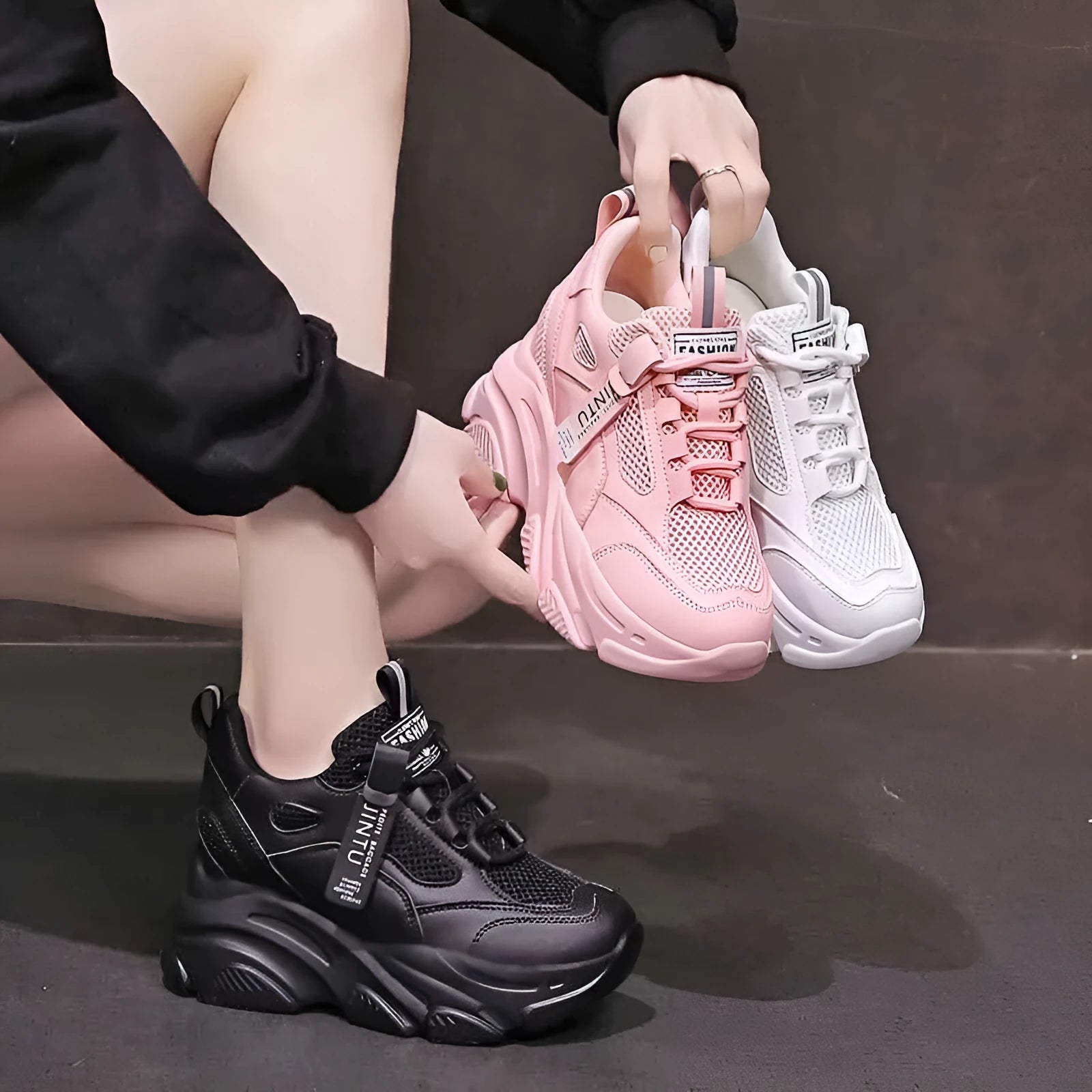 Women's casual platform shoes with mesh upper and TPR sole in various colour and lining options