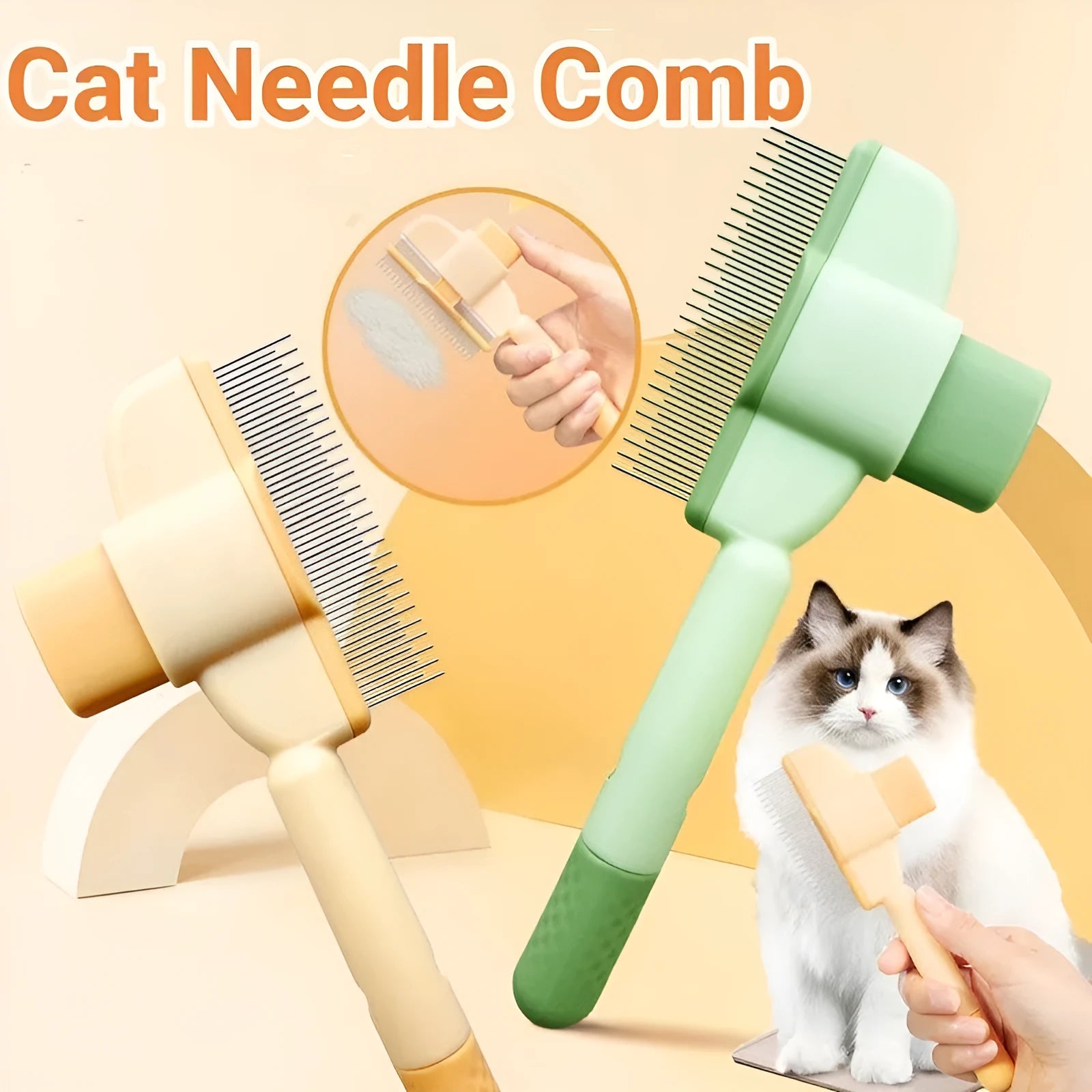 Yellow and green pet grooming comb with stainless steel teeth and release button for cats dogs