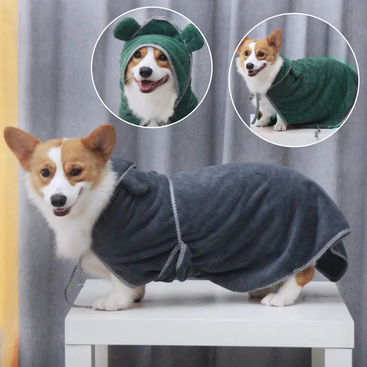 Grey and green ultra fine fibre pet towels in small, medium, and large sizes for dogs and cats.