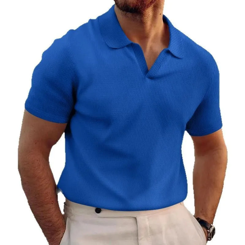 Men's slim-fit lapels t-shirt in heavy waffle texture, shown in blue.