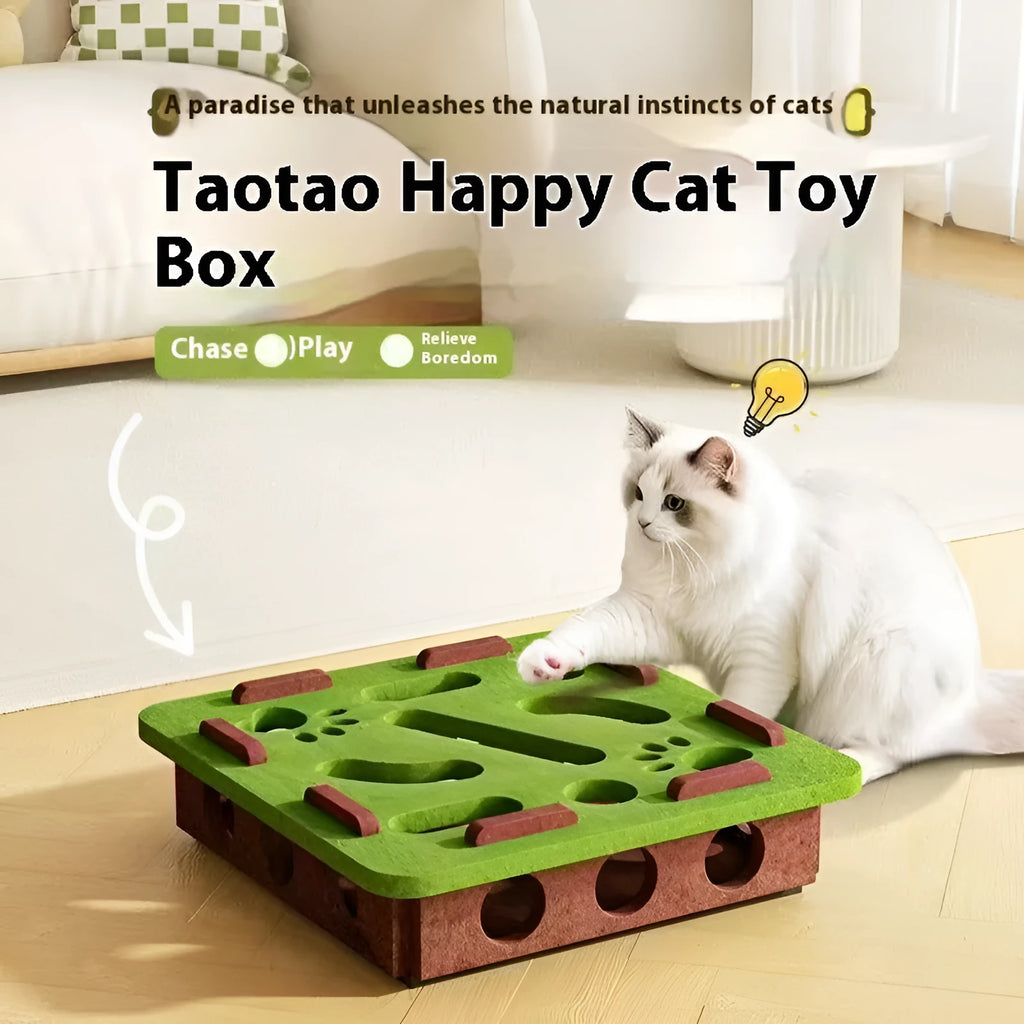 Green brown felt cat toy box with an open interior for scratching and hiding.