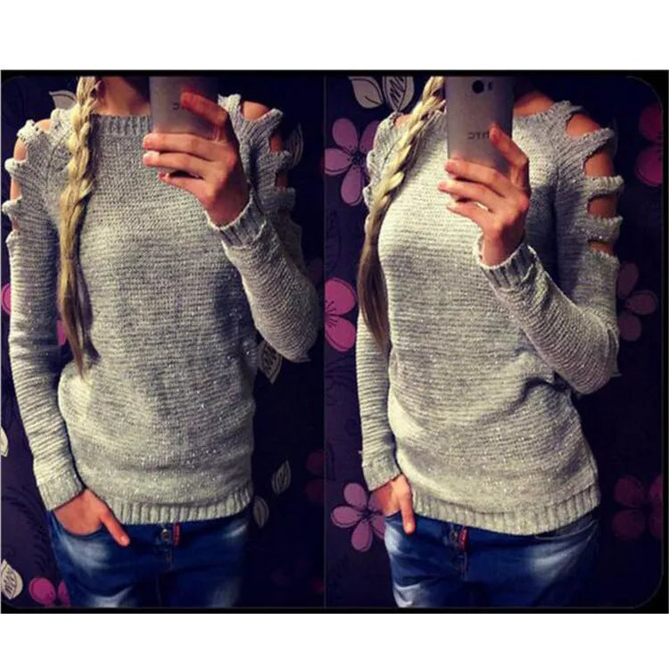 Women's grey solid colour jumper with hollow-out crochet pattern and round neck