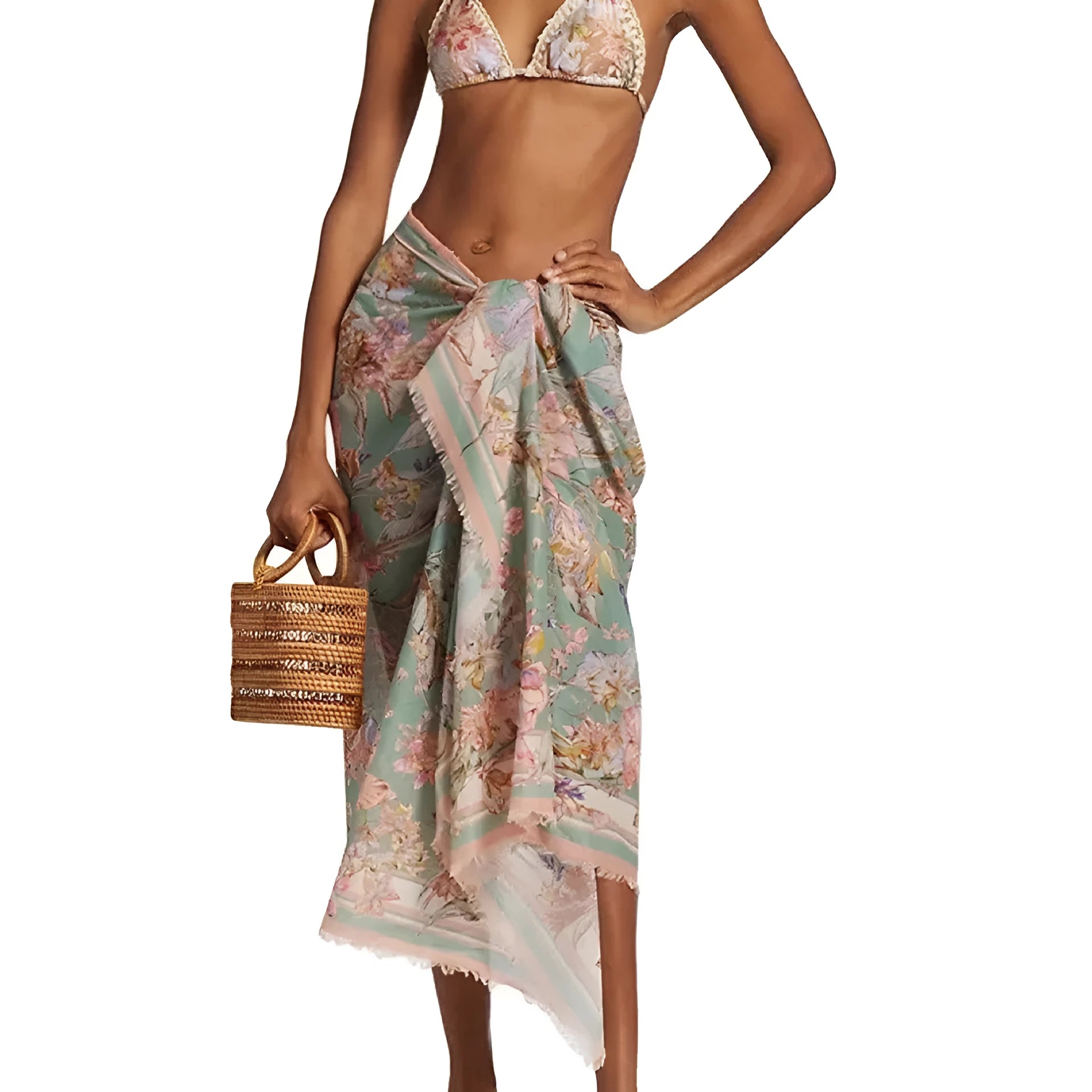 Women's creamy-white floral bikini suit with skirt for beach vacations