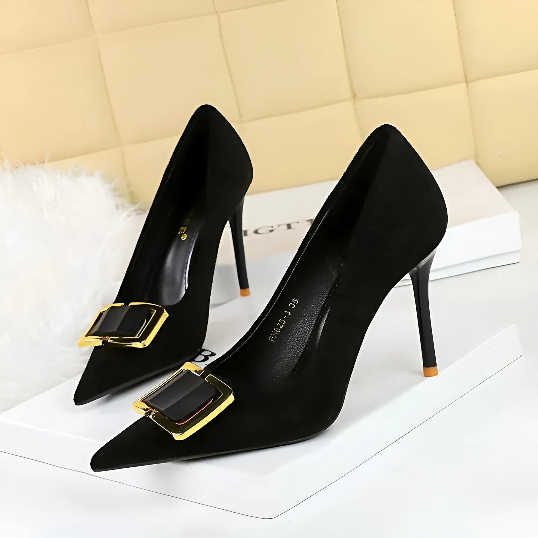Black suede women's stiletto heel shoes with a pointed toe and 9cm high heel.
