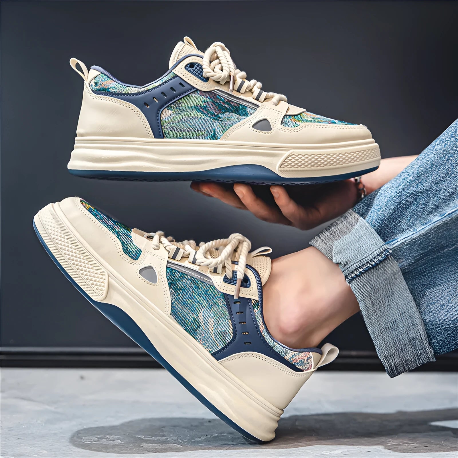 Casual flat-heel canvas shoes in beige and Milan green colours, showing round toe design.