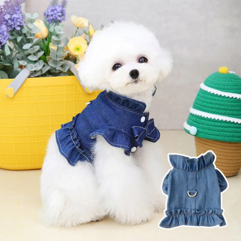 Blue denim dog dress with ruffles vest detail and a metal leash hook on the chest.