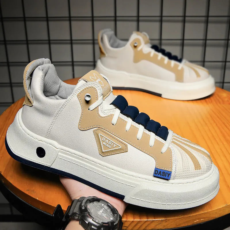 Men's beige low-top sneakers with elastic band and round toe on a flat plastic sole.