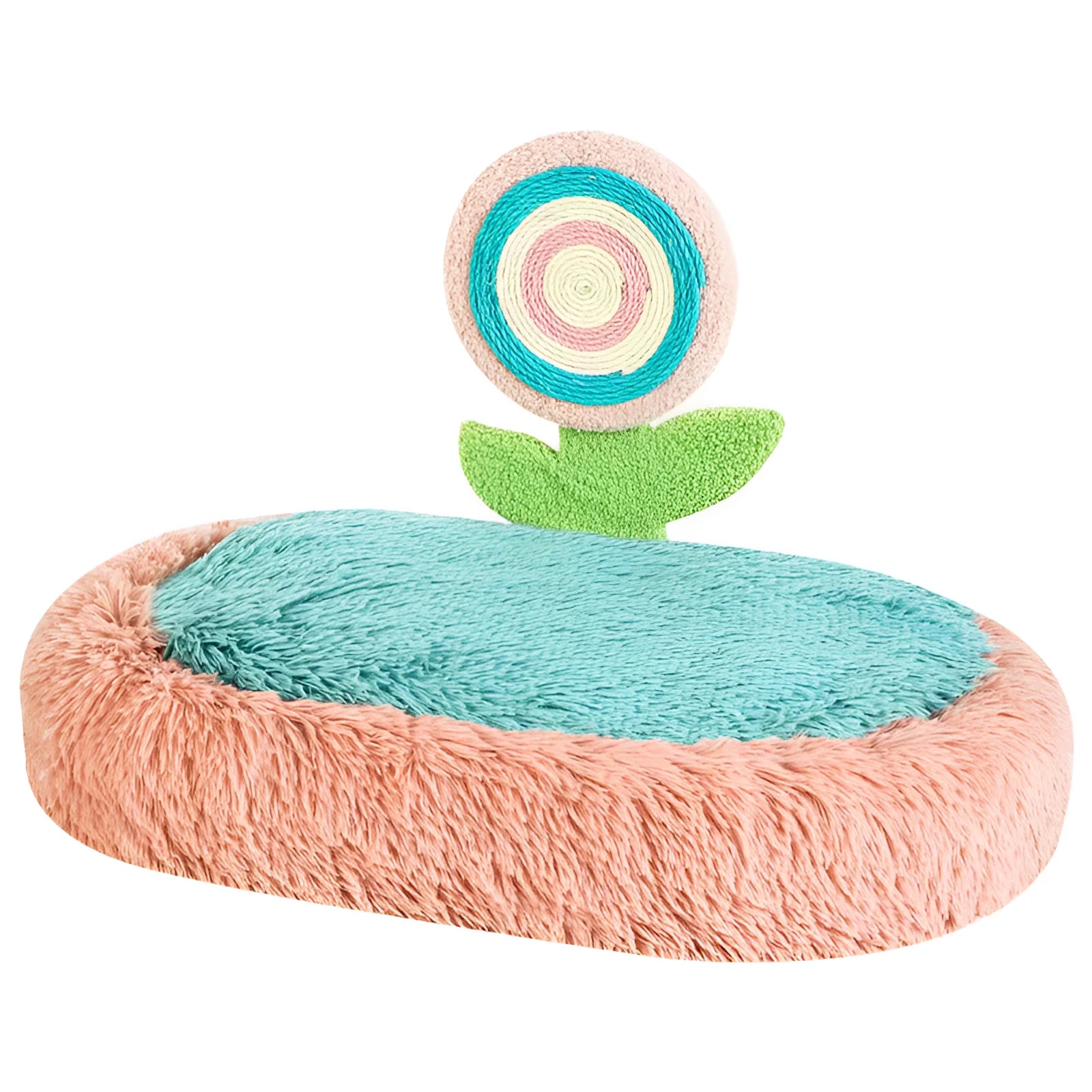 Pink elliptical lollipop-shaped plush cat bed with a removable cover.
