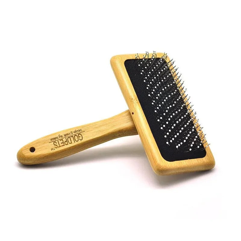 Goldpets bamboo pet grooming slicker brush with stainless steel pins on wooden handle